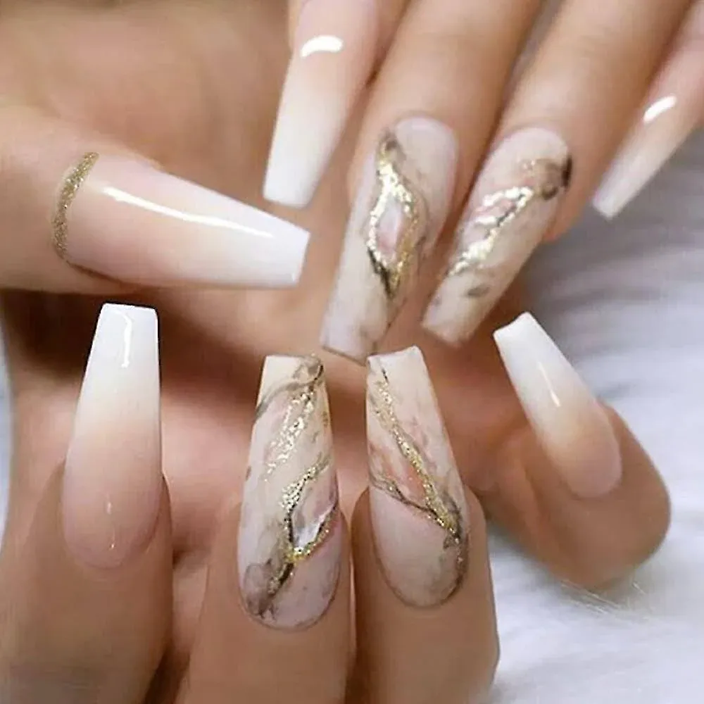 Nude Press on Nails Coffin Long Fake Nails Acrylic Gradient False Nails Marble ...