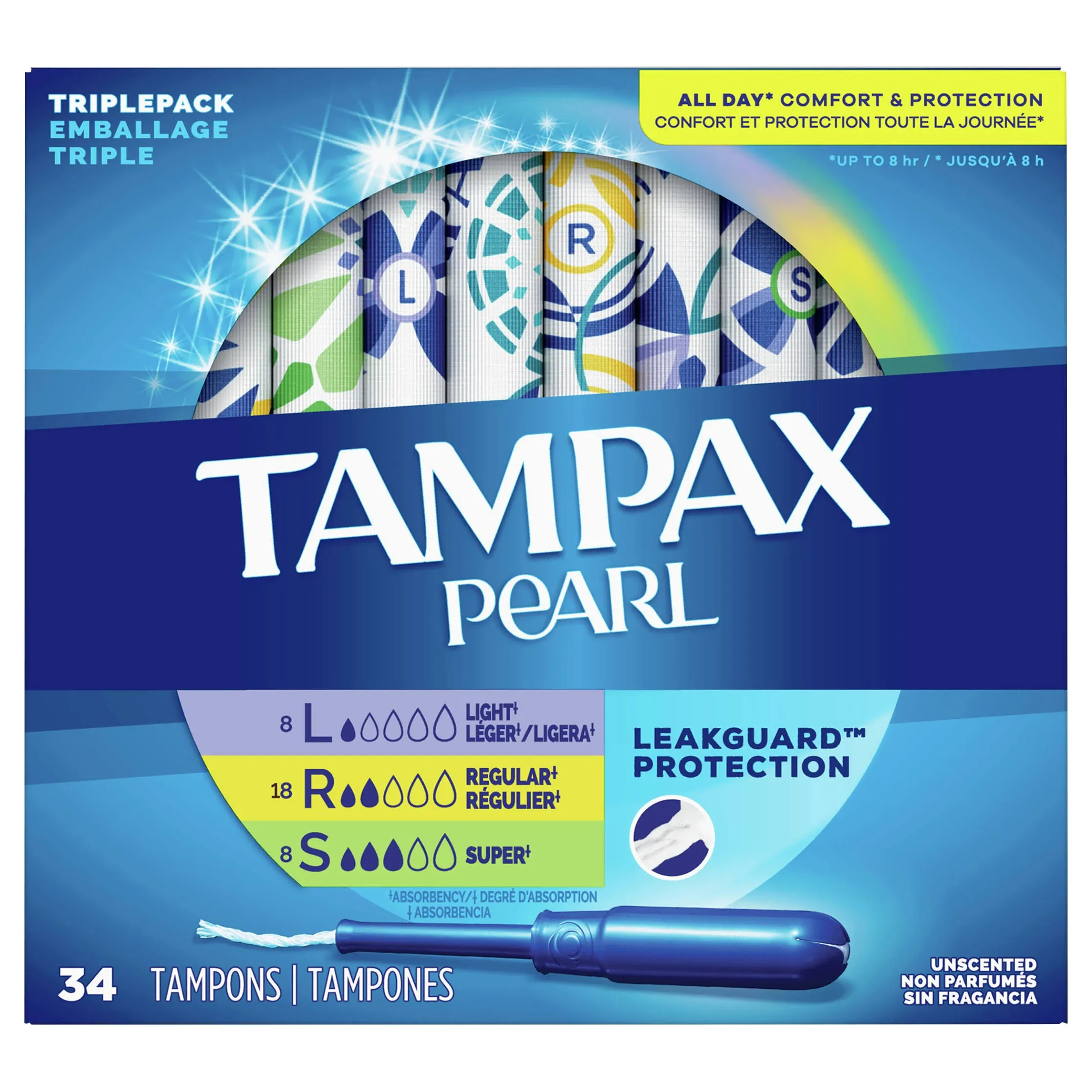 Tampax Pearl Tampons Trio Pack with Plastic Applicator and LeakGuard Braid - Light/Regular/Super Absorbency - Unscented