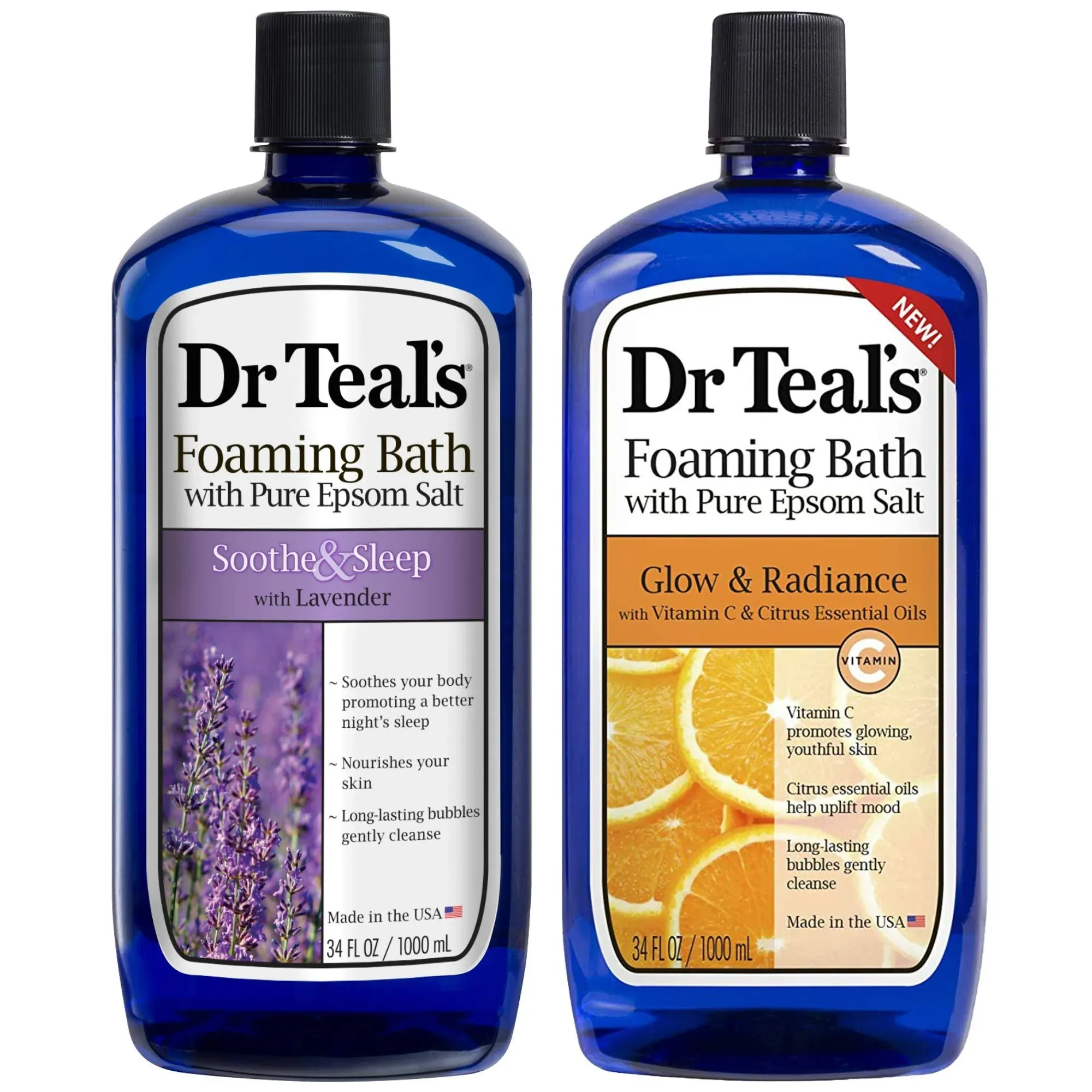 Dr. Teal's Foaming Bath Variety Gift Set (2 Pack, 34oz ea.) - Soothe & Sleep Lavender, Glow & Radiance Vitamin C and Citrus - Essential Oils Blended