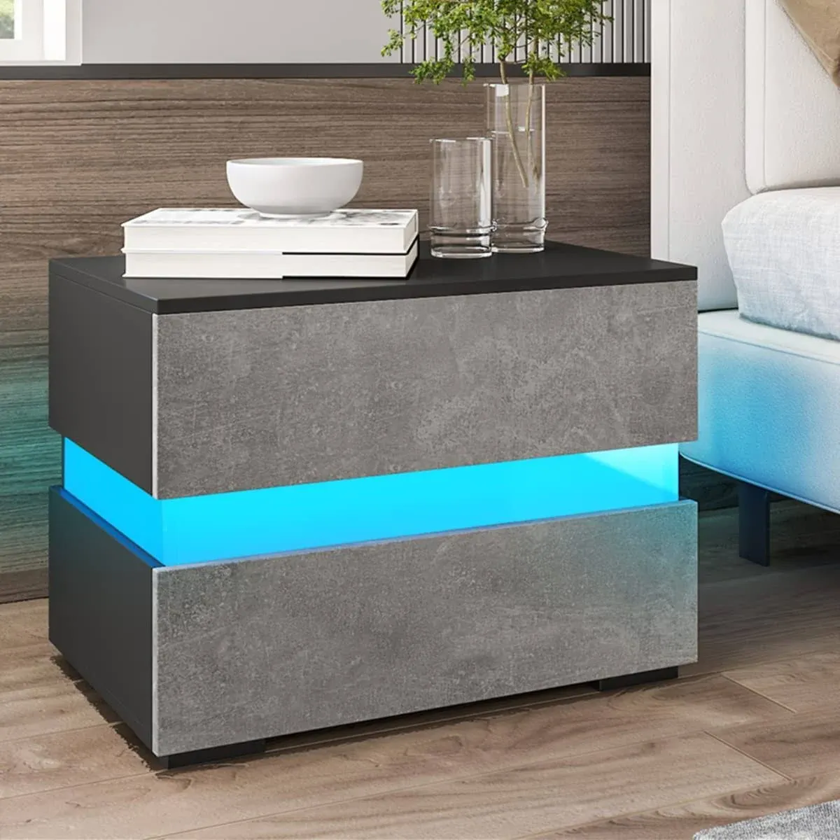 Hommpa LED Nightstand with 2 Drawers Modern Nightstand Black High Gloss Night Table LED Bedside Table with 16 Colors LED End