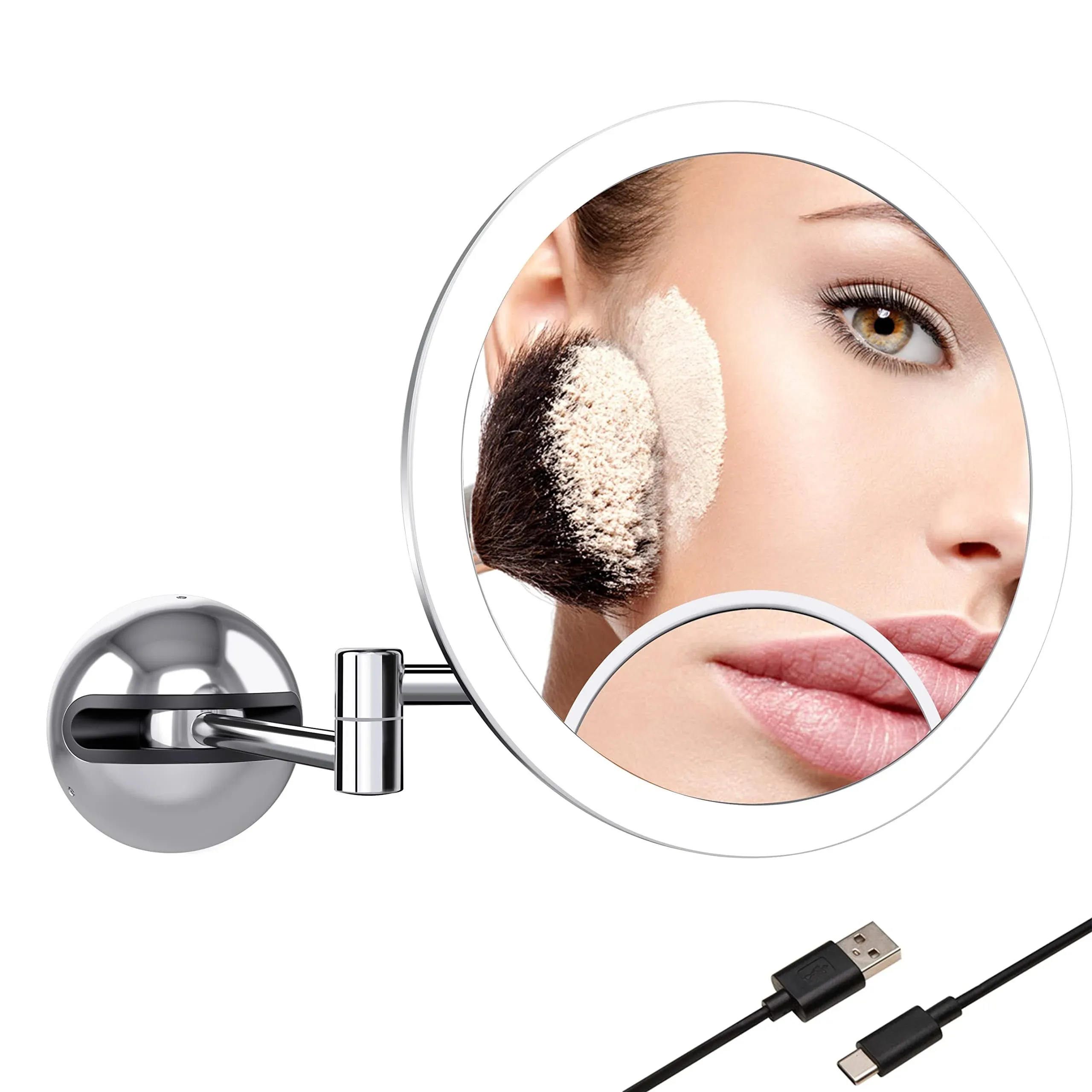 TUSHENGTU 9.5" Wall Mounted Makeup Mirror LED with 10x Magnification and USB Charging, Chrome Finish and 360-Degree Rotation for Personalized Makeup and Bathroom Shaving Experience