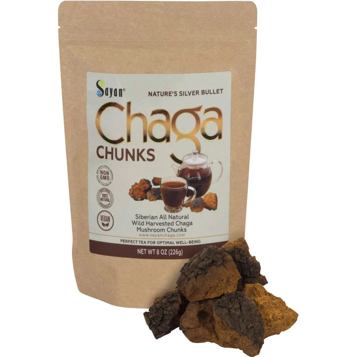 Sayan Siberian Pure Raw Chaga Mushroom Chunks with Black Top Crust 8 oz / 227 G – Premium Wild Forest Harvested Super Antioxidant Tea, Supports