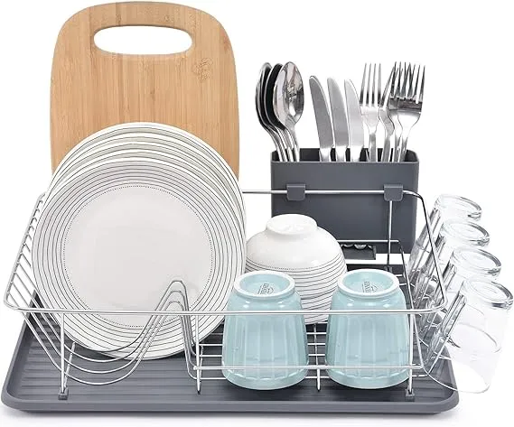 TOOLF Dish Rack, Large Capacity Dish Drainer, Dish Drying Rack with Cutlery Holder, Removable Drip Tray, Cup Holder, Compact Kitchen Drainers for Coun