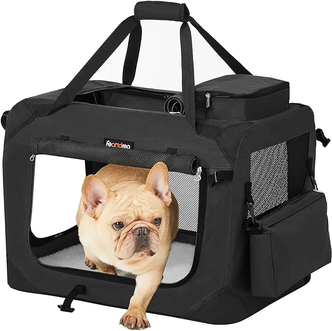 Feandrea Dog Crate, Collapsible Pet Carrier, M, Portable Soft Dog Crate, Oxford Fabric, Mesh, Metal Frame, with Handle, Storage Pockets, 23.6 x 16.5 x 16.5 Inches, Black UPDC60HFeandrea Dog Crate, Collapsible Pet Carrier, M, Portable Soft Dog Crate, Oxfo