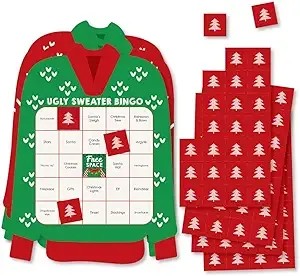 Ugly Sweater - Bar Bingo Cards and Markers - Holiday and Christmas Party Shaped Bingo Game - Set of 18