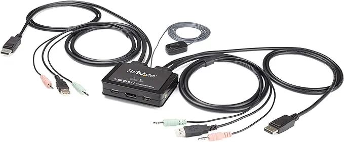 StarTech.com 2 Port DisplayPort KVM Switch - 4K 60Hz - UHD DP 1.2 USB KVM Switch w/ 4ft Cables & Audio - Bus Powered & Remote Switching - 2 Port Displ