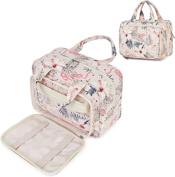 Narwey Full Size Toiletry Bag Women Large Makeup Bag Organizer Travel Cosmetic Bag for Essentials accessories (Beige Bird)