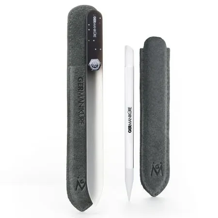 GERMANIKURE Crystal Glass Cuticle Stick & Black Nail File Set in Suede Leathe...