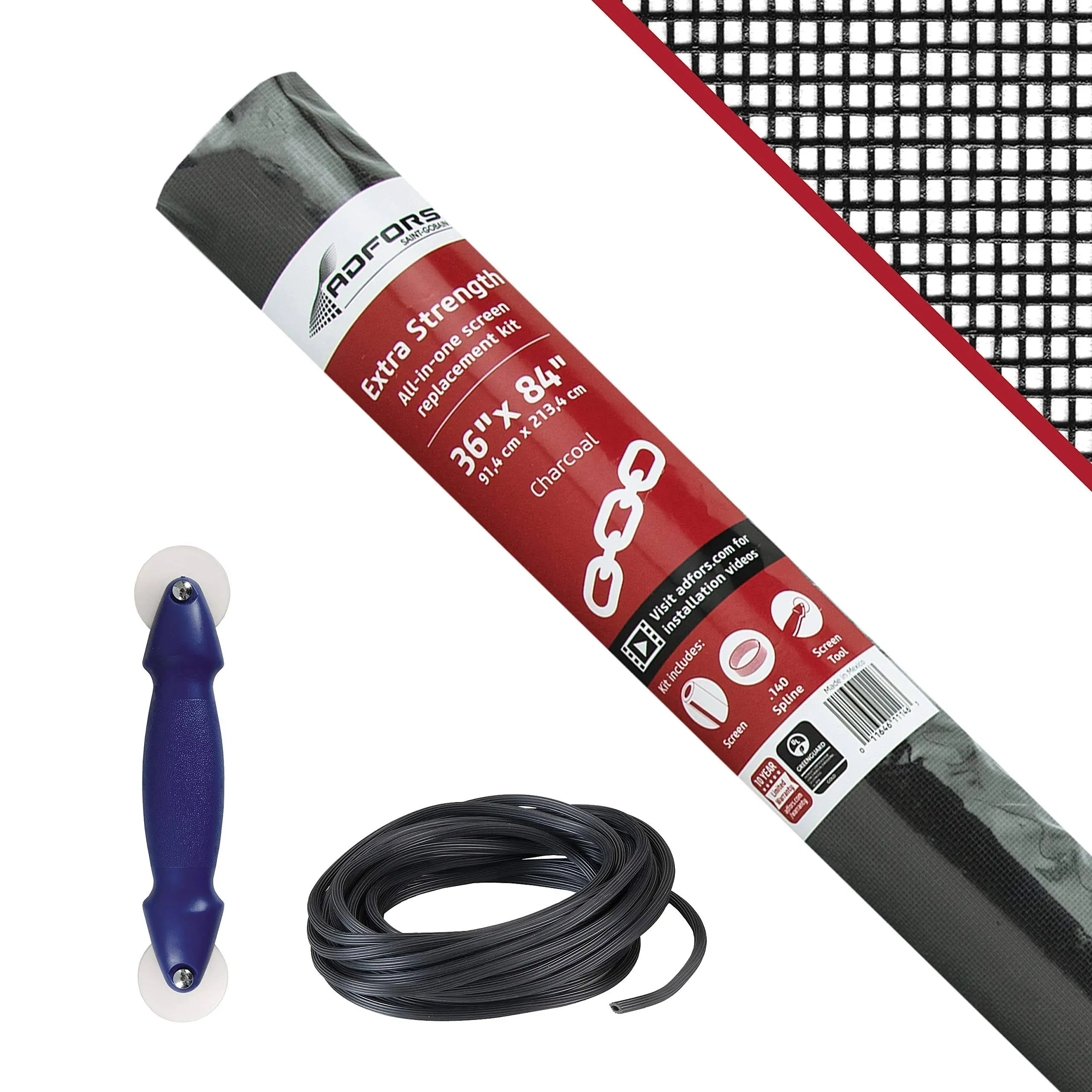 Saint-Gobain ADFORS Charcoal Extra Strength Screen Repair Kit for Window & Door, 36 inches x 84 inches - DIY Window & Door Repair, Durable, Screen Replacement, Comes with Spline Tool & Spline
