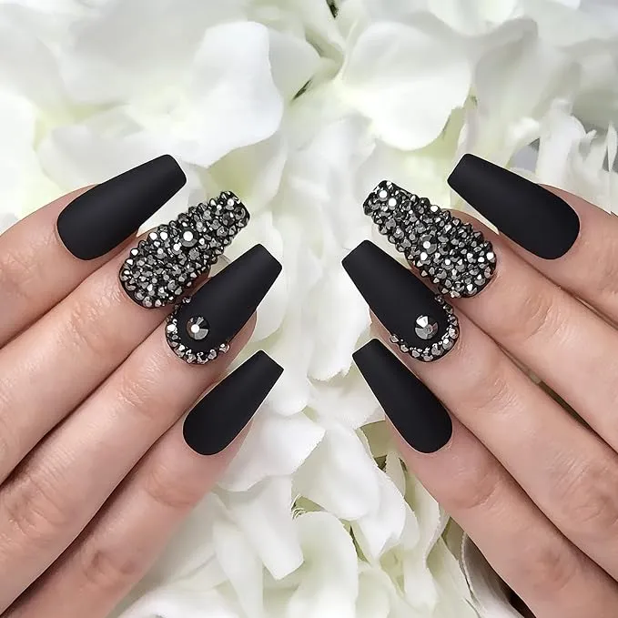 Hypnaughty Rhinestone Noir Coffin Press-On Nails