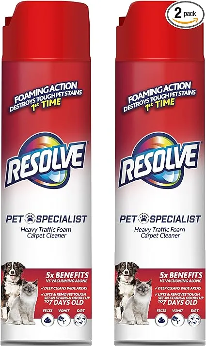 Resolve Pet Specialist Heavy Traffic Foam, Carpet Cleaner, Pet Stain And Odor Remover, Carpet Cleaner Solution, 2 Pack Of 22oz