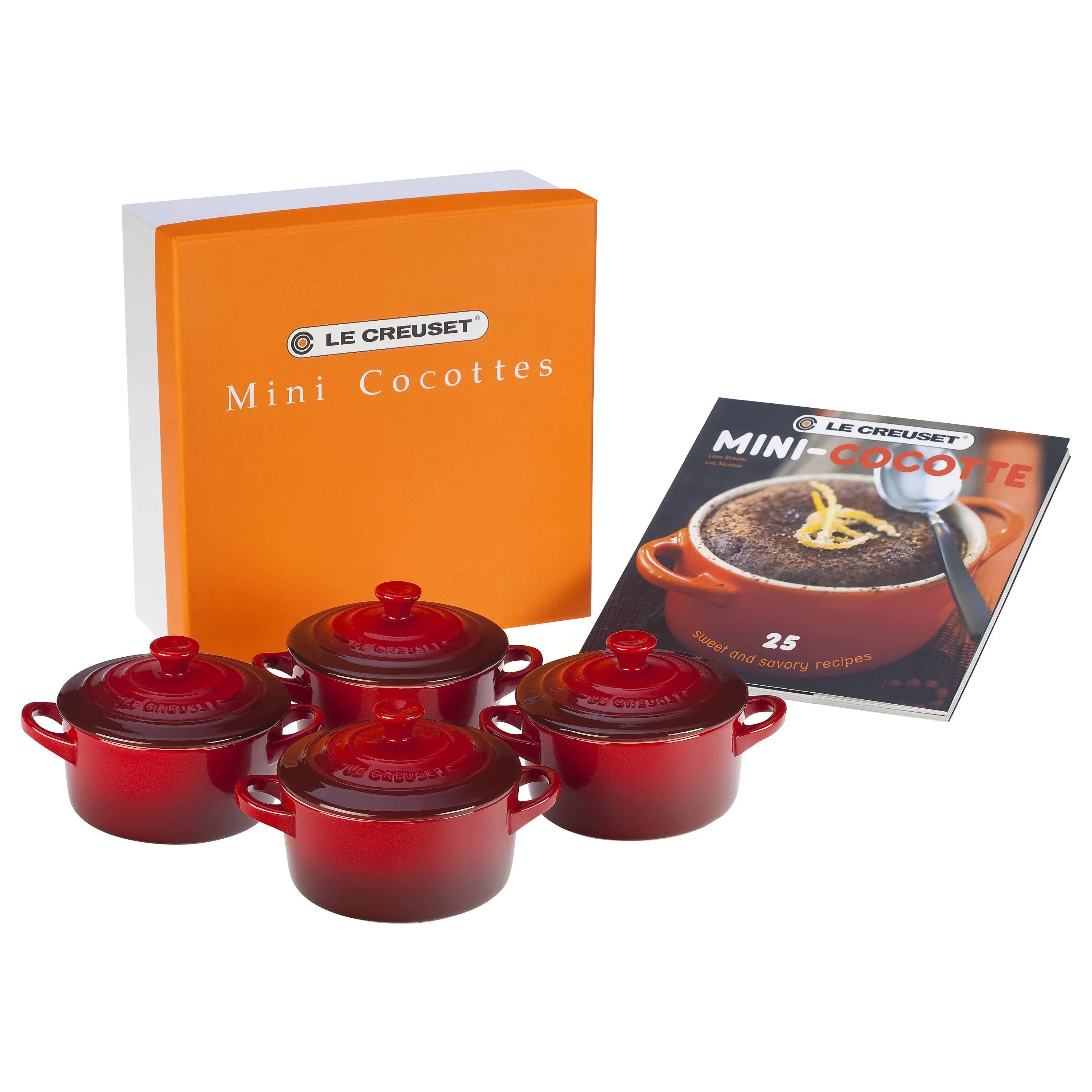 Le Creuset Set of 4 Mini Cocottes with Cookbook Cerise