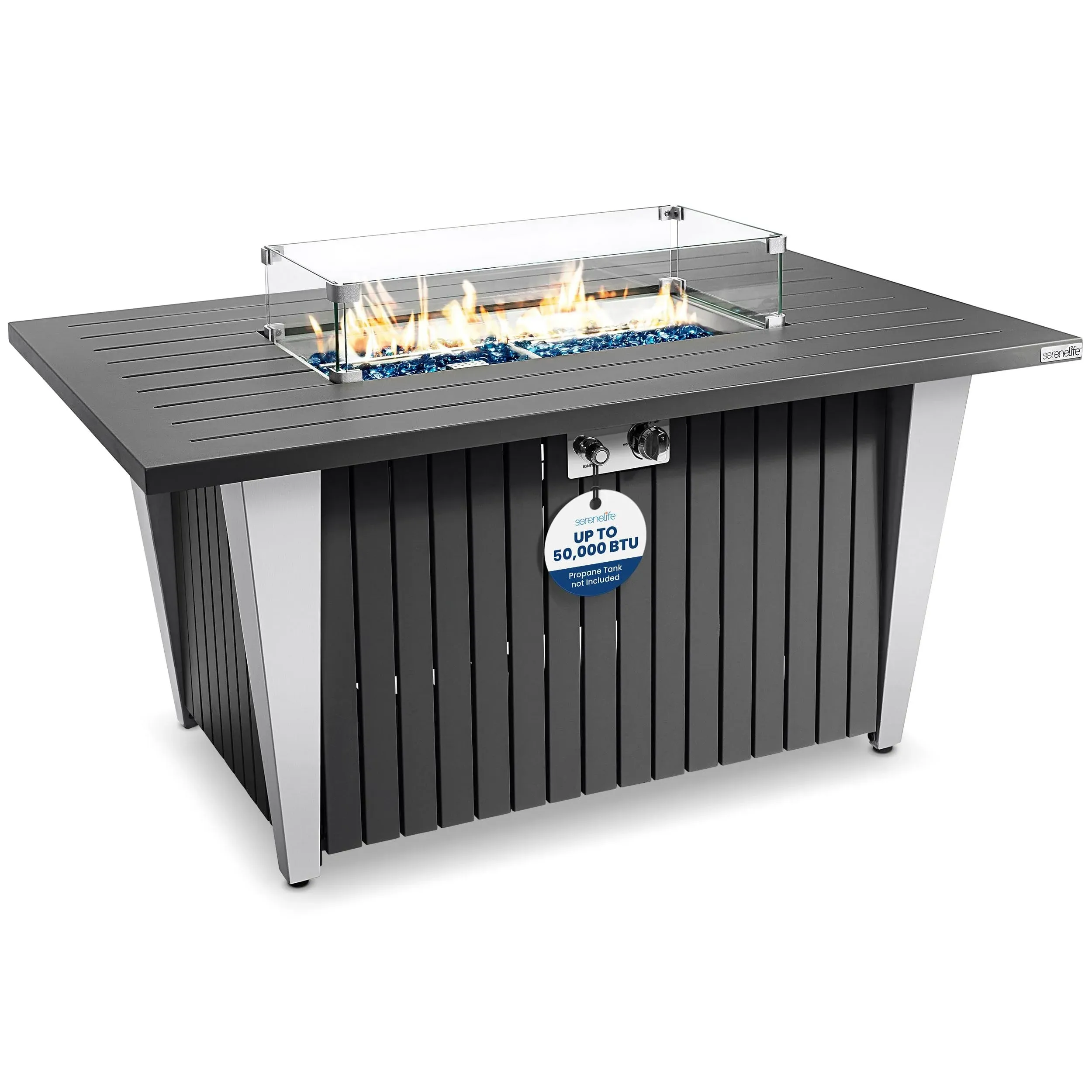 SereneLife Propane Gas Fire Pit Table 32.3 x 24.8in 50,000 BTU Glass Wind Guard