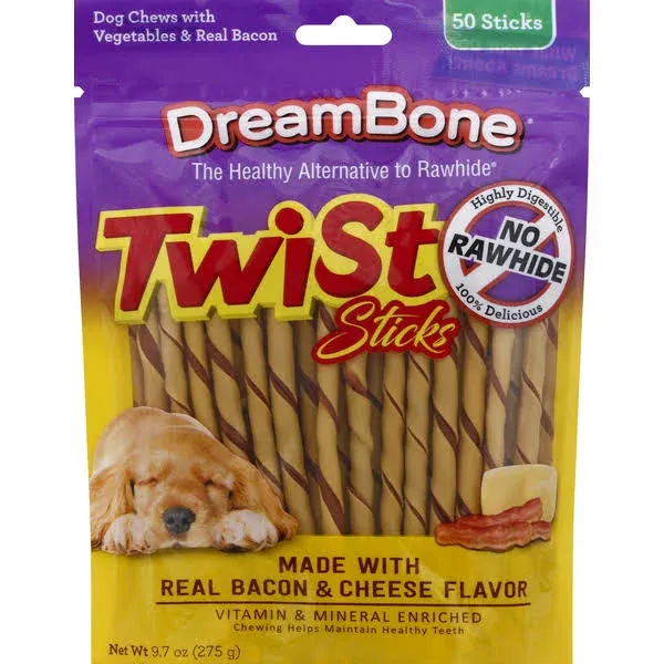 DreamBone Dog Chews, with Vegetable & Real Bacon, Twist Stick - 50 sticks, 9.7 oz