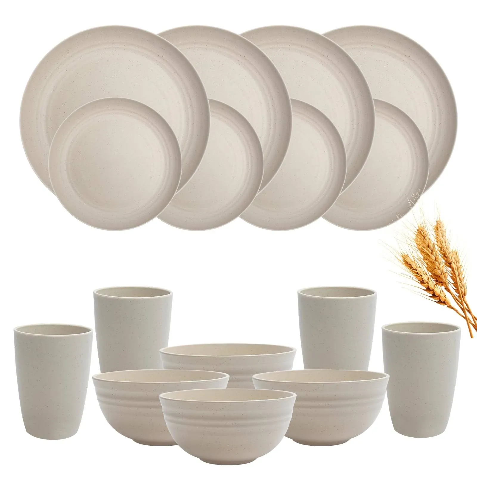 VIVAHEARTH Juego de vajilla de paja de trigo de 16 piezas, platos para 4, platos irrompibles, cuencos, tazas para cocina, fiestas, camping, caravana