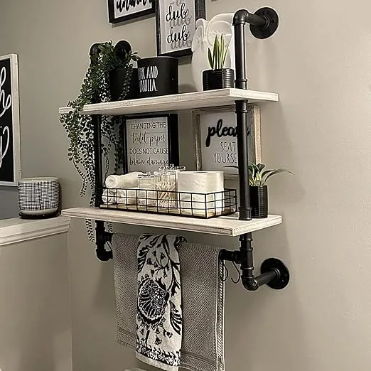 ROGMARS White Industrial Pipe Shelves Shelving,Kitchen Floating Shelves 24",Bathroom Wall Shelf with Towel Bar Hooks Coffee Bar Shelf Wine Hanging Shelves for Wall Decor,Living Room Bedroom Kitchen