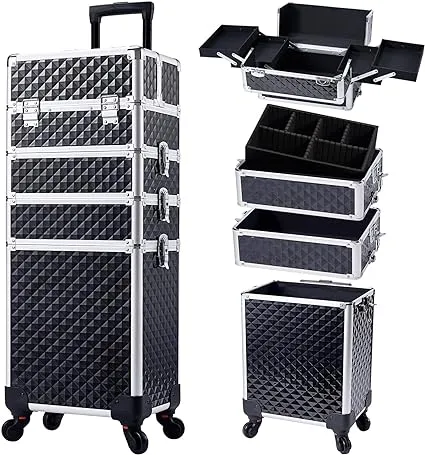 Stagiant Rollender Make-up-Trolley, großer Aufbewahrungs-Kosmetikwagen, 4-in-1, große Kapazität, Trolley, Make-up, Reisekoffer mit Schlüssel-Schwenkrädern, Salon, Friseurkoffer, Reisewagen, Schwarz
