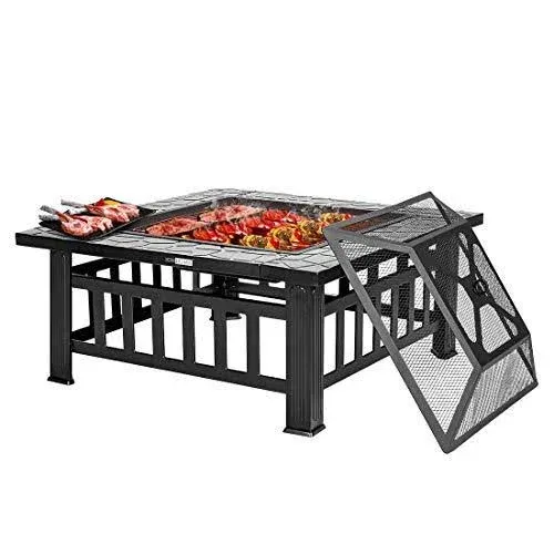 VIVOHOME 32 inch Heavy Duty 3 in 1 Metal Square Patio Firepit Table BBQ Garden