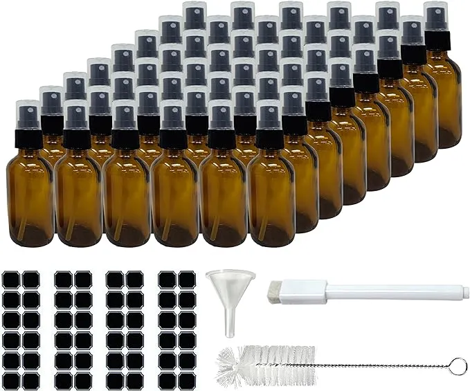 Nevlers 48 Pack Amber 2 Oz Spray Glass Bottle | The Amber Misting Glass Bottles Includes Sprayers & a Funnel and Brush with Bonus Labels to Easily Identify it's Contents