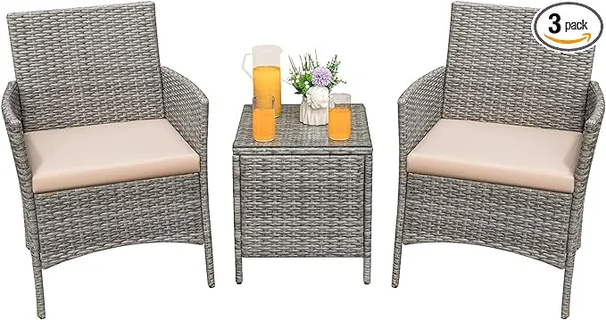  3 Pieces Patio Furniture PE Rattan Wicker Chair Conversation Set Gray and Beige