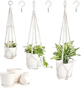 Mkono 3 Pack Macrame Plant Hangers with Pots, 35"/29"/23" Indoor Different Size Hanging Planter Basket Flower Pot Holder with Saucers & Hooks No Tassels (Plastic Pots Included), Medium, Ivory