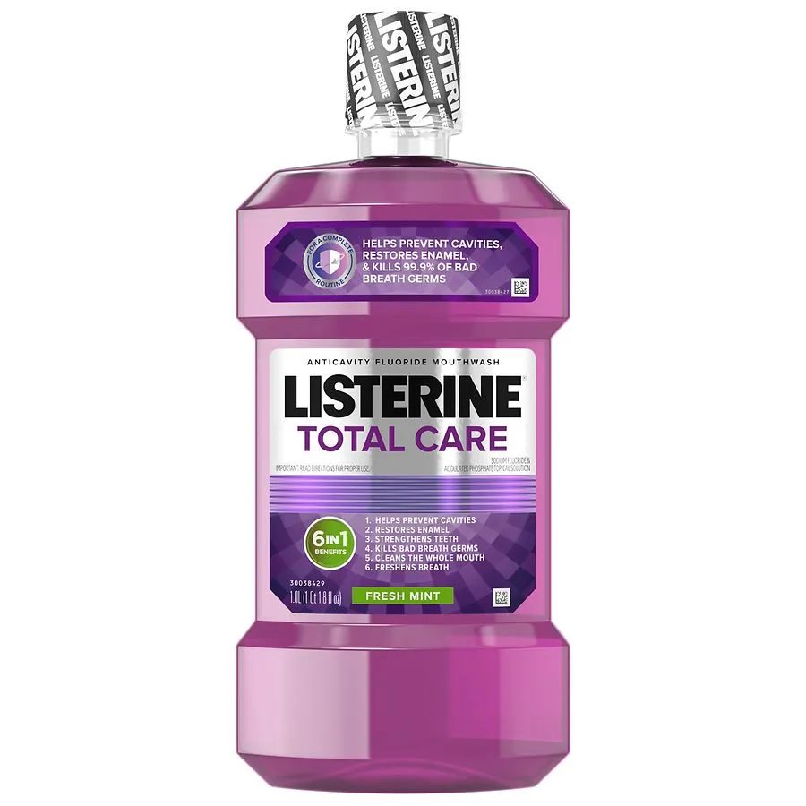 Listerine Total Care Anticavity Fluoride Mouthwash, 6 Benefits in 1 Oral Rinse Helps Kill 99% of Bad Breath Germs, Prevents Cavities, & Strengthens Teeth, Fresh Mint, 1 L, Pack of 2
