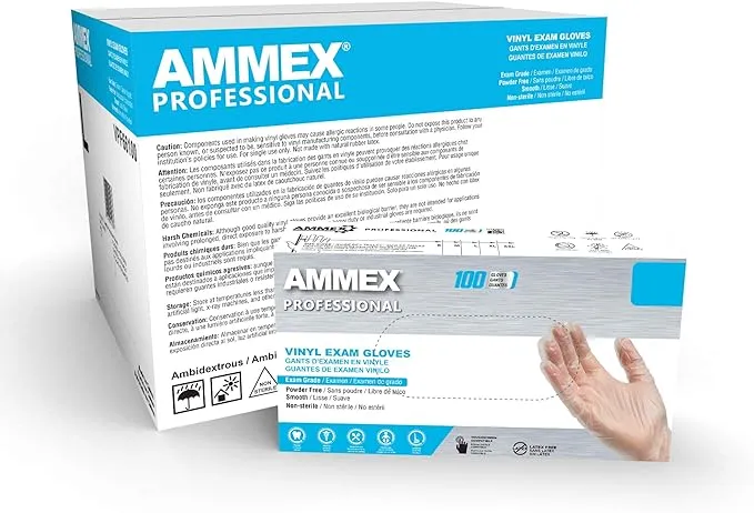 AMMEX Clear Vinyl Disposable Exam/Medical Gloves, 3 Mil, Latex/Powder-Free, Food-Safe, Smooth, Non-Sterile, Small, Box of 100AMMEX Clear Vinyl Disposable Exam/Medical Gloves, 3 Mil, Latex/Powder-Free, Food-Safe, Smooth, Non-Sterile, Small, Box of 100