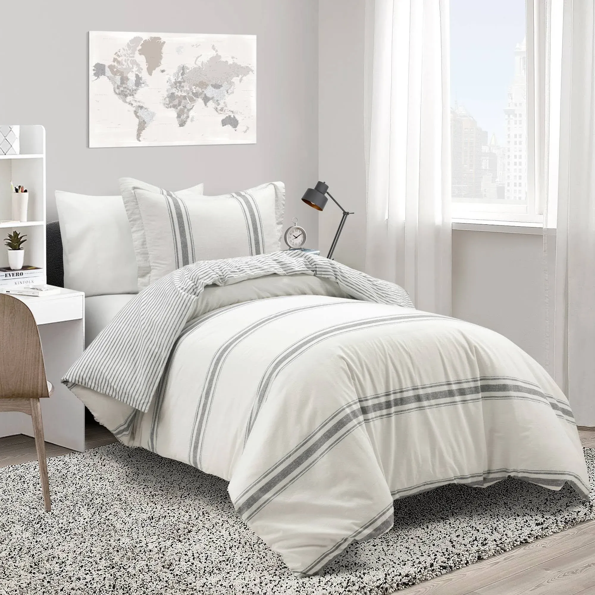 Lush Decor Farmhouse Stripe Reversible Cotton Duvet Cover Set, 2 Piece Set, Twin XL, Gray - Twin Bedding Set - Dorm Decor - Striped Duvet Cover For Kids Or Teens - Farmhouse Bedroom Decor