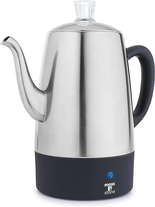 Moss & Stone Electric Coffee Percolator Camping Coffee Pot Silver Body with Stainless Steel Lids Coffee Maker Percolator Electric Pot - 10 Cups