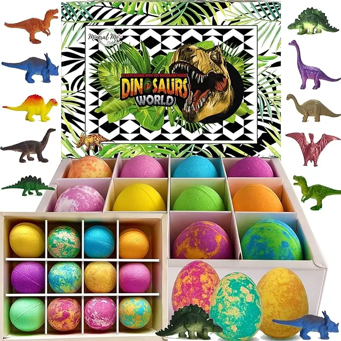 Bombas de banho para crianças com surpresa dentro – 12 bombas de banho coloridas de dinossauro com brinquedos dentro, bolhas de banho orgânico com ovos de dinossauro, bomba de banho de ovo de dinossauro, presente de aniversário para crianças, meninas, me