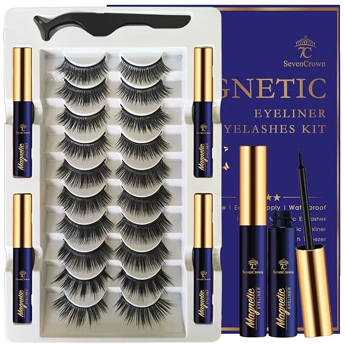 3D Magnetic Eyelashes with Eyeliner Kit - SevenCrown Magnetic Lashes Natural Looking with Upgraded 4 Tubes of Magnetic Liner Waterproof, Long