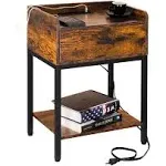 Lerliuo Nightstand with Charging Station and USB Ports, 3-Tier End Side Table with Storage Drawer and Shelf, Modern Bedside Night Stand for Bedroom, Living Room- Retro Brown