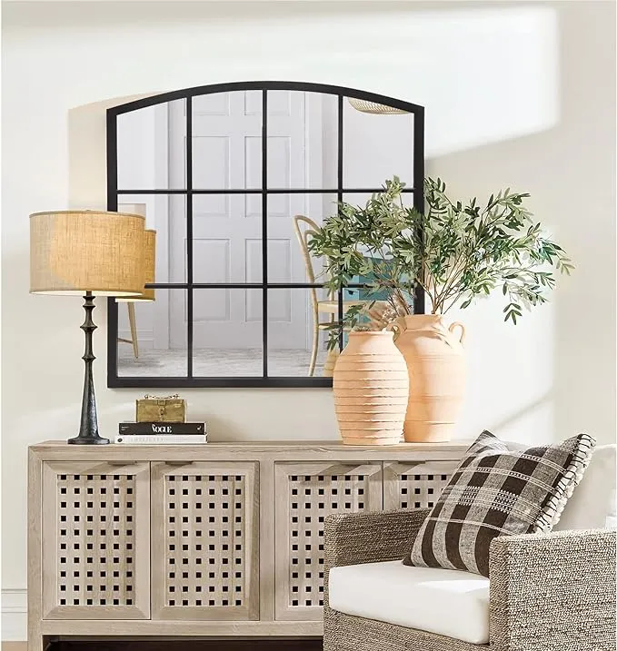 36 Inch Arched Window Mirror, Matte Metal Frame Decorative 36" x 36" Black