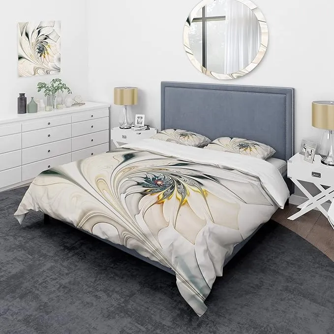 DesignQ White Stained Glass Floral Art Modern & Contemporary Duvet Cover Set, White Duvet Cover Set King, Floral Bedding Set of 3 Pieces, All Season Modern & Contemporary Bedding Sets King