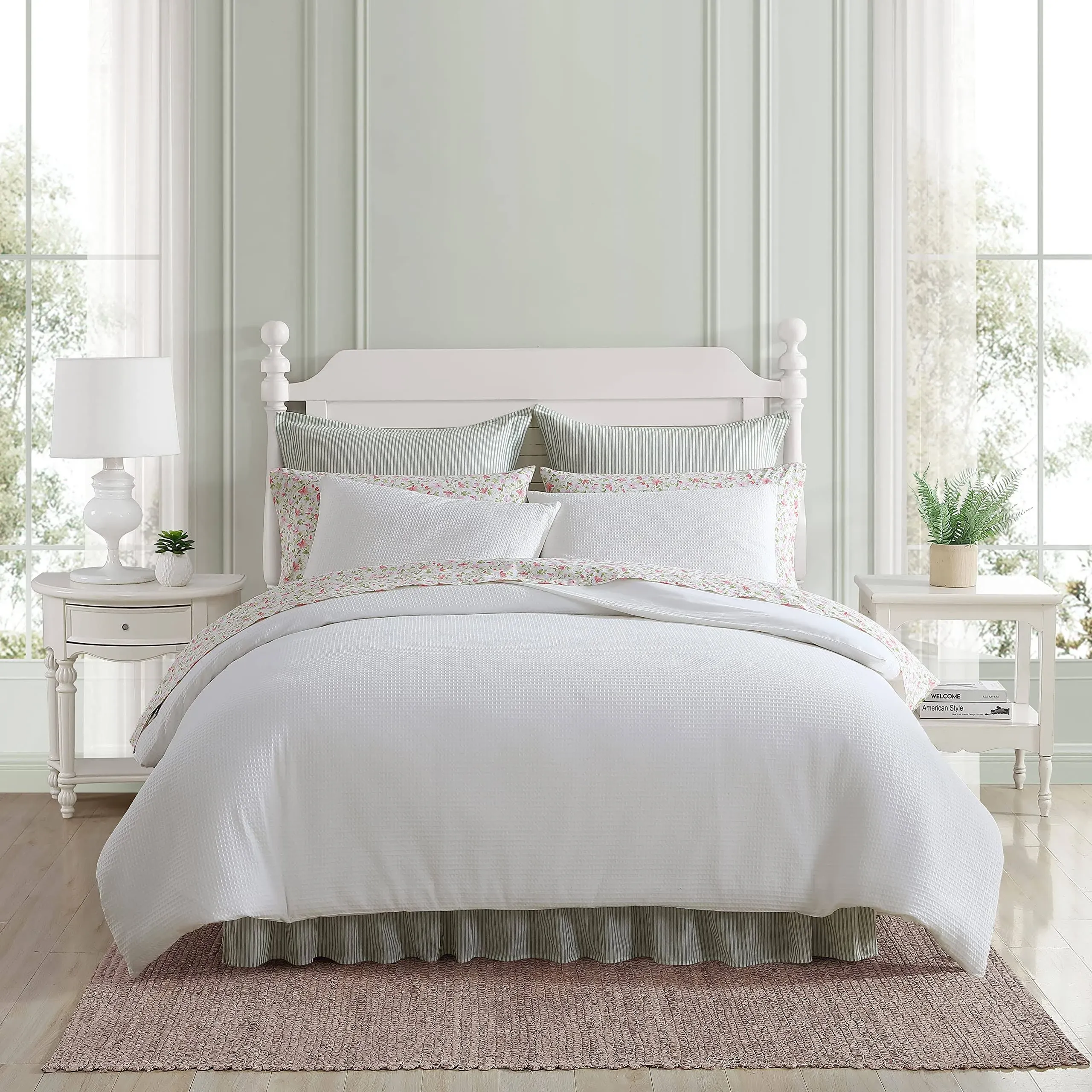 Laura Ashley Waffle Pique 3-Piece White Cotton King Duvet Cover Set
