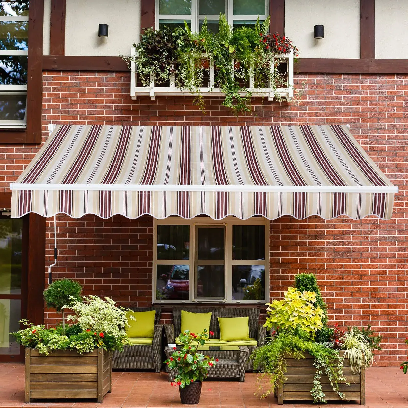 10' X 8' Retractable Awning, Patio Awning Sunshade Shelter with Manual Crank Handle, UV Resistant Fabric and Aluminum Frame, for Patio Door Window (Coffee)