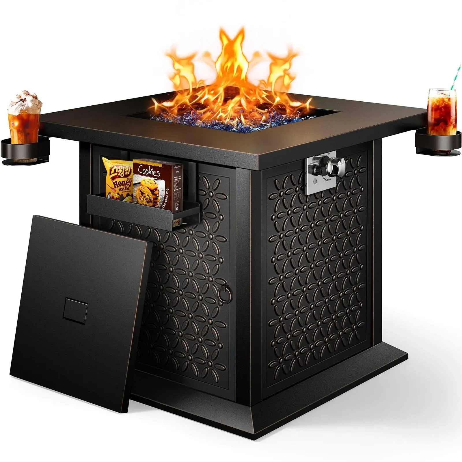 Ciays 28′′ Fire Pit Table, Propane Fire Pit with Cup Holders & Hanging Shelf, 50,000 BTU Gas Fire Pit with Glass Stones & Nylon Dust Cover, Quick