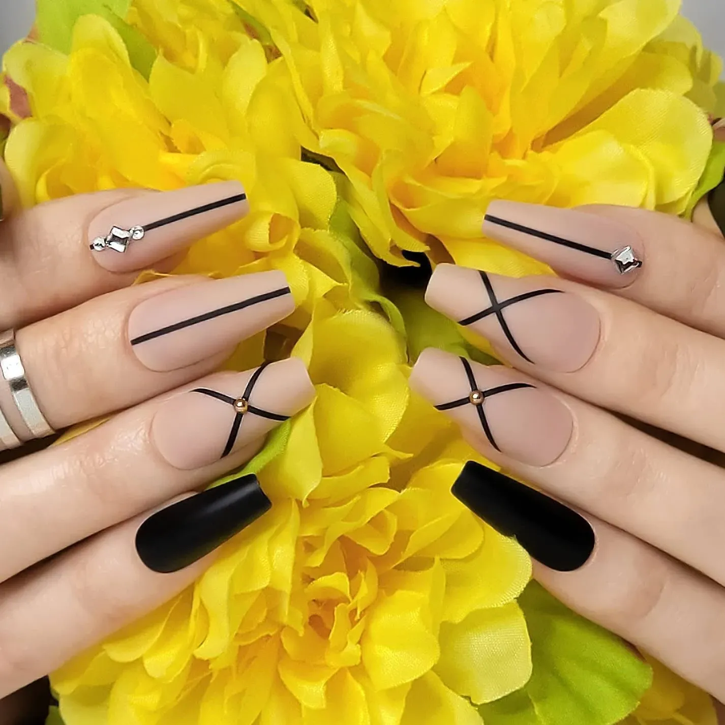 Hypnaughty 24 Pcs Monaco Black Matte and Nude Luxury Design with Rhinestones Coffin Press on Nails with Glue Medium Long Reusable Fake Nails (Monaco)