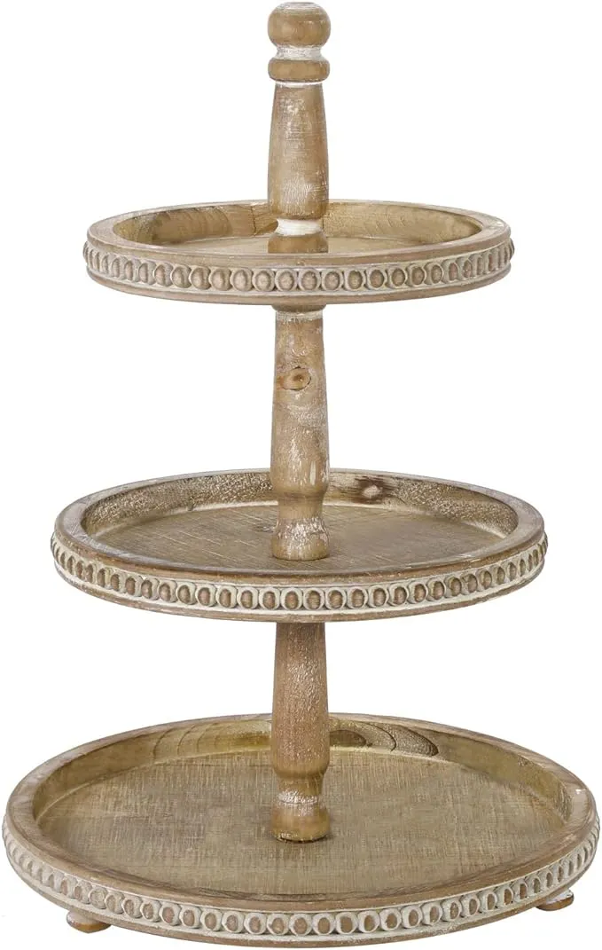 2 Tiered Tray, Wooden Beaded Tier Trays Stand for Farmhouse Table Decor, Layered Tray with Vintage Decor, Rustic Tiered Serving Tray for Cupcake Cake Fruit Dessert Stand(Brown Round)
