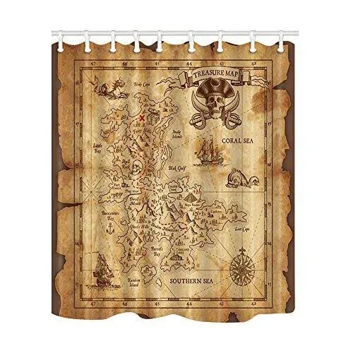Nautical Island Map Decor Vintage Old Map Pirate Ship Bath Curtain 69x70 Inches