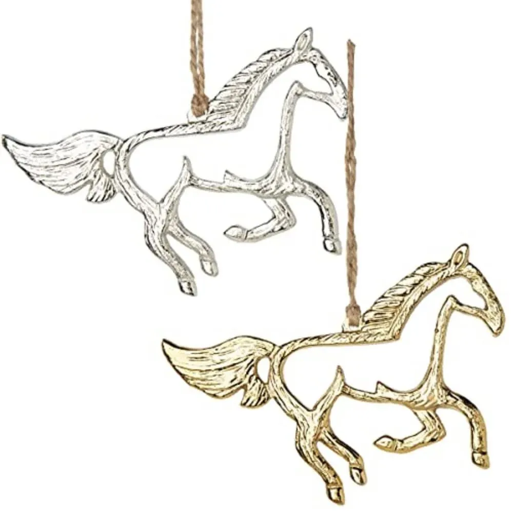 Horse Silhouette Cast Metal Ornament Set, Rustic Western Horses in Silver Gold