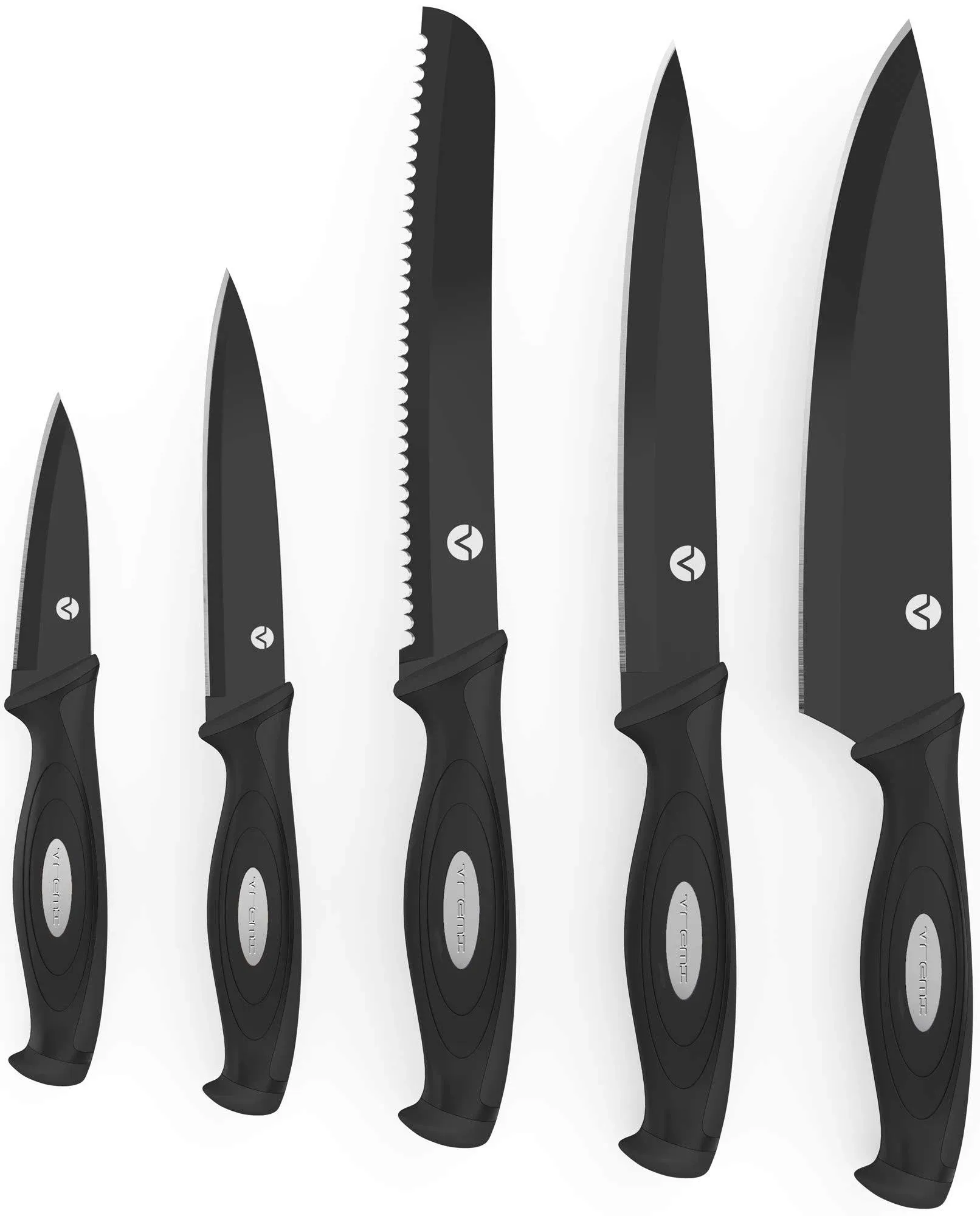 "Vremi 10 Piece Black Knife Set - 5 Kitchen Knives with 5 Knife Sheath Covers - Chef Knife Sets with Carving Serrated Utility Chef's and Paring Knives - Magnetic Knife Set with Matching Black Case"