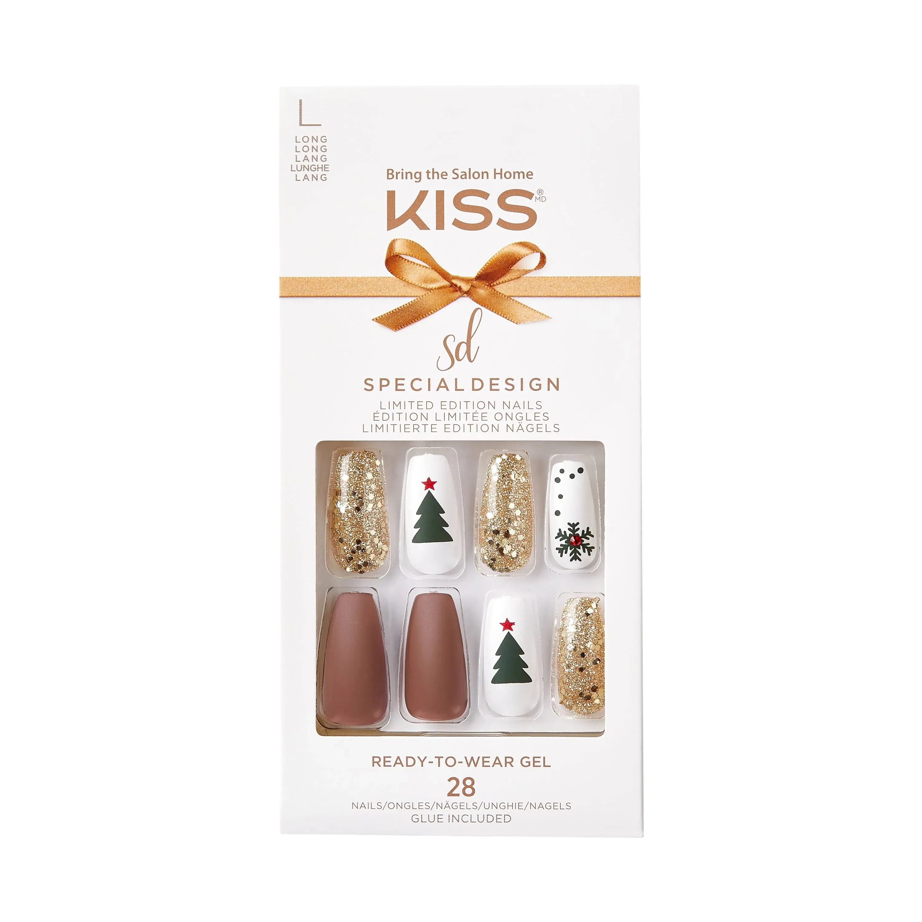 Kiss Special Design Ready to Wear Gel Nails 28 Long Length Coffin Tip- Christmas