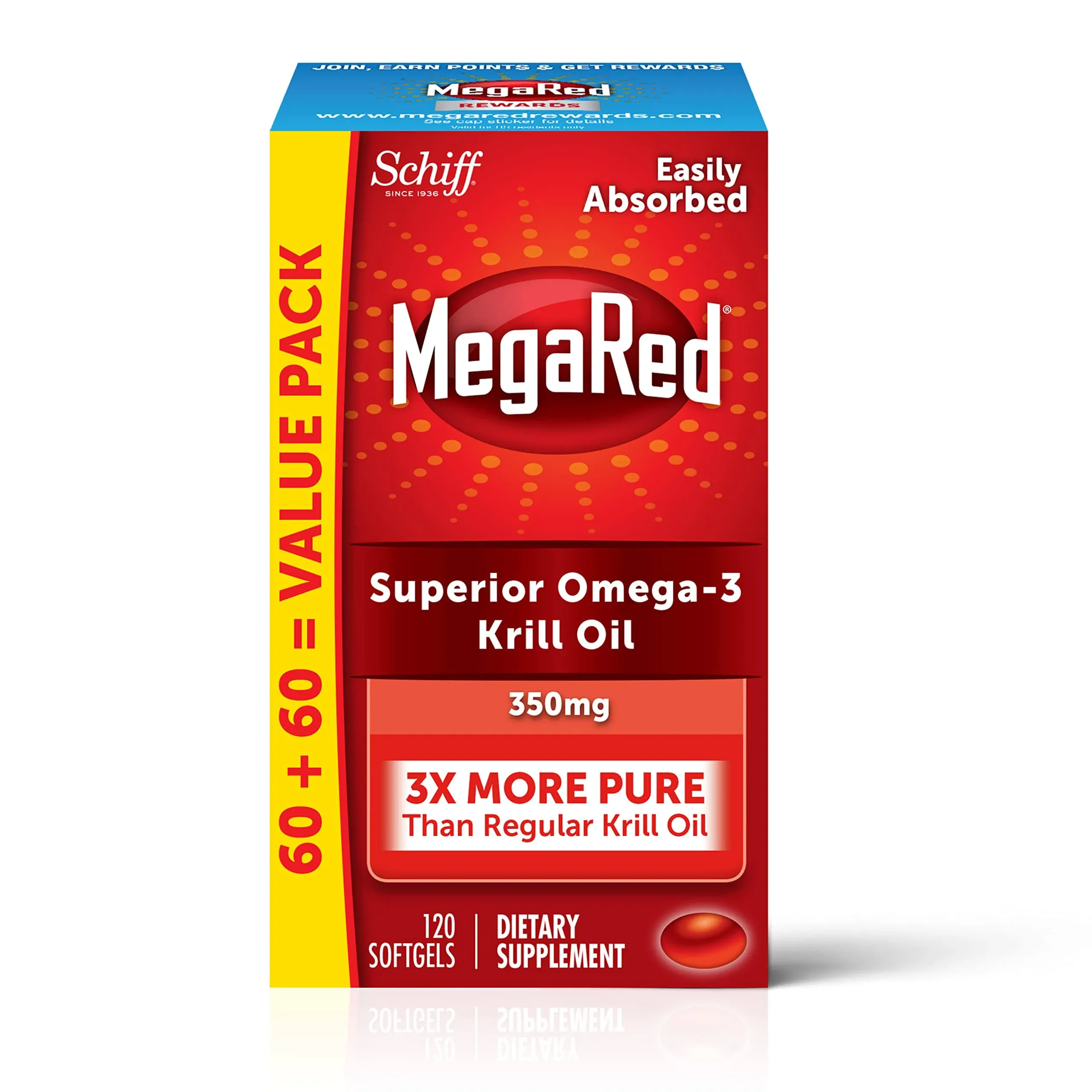MegaRed Krill Oil 350mg Omega 3 Supplement with EPA, DHA, Astaxanthin & Phospholipids, Supports Heart, Brain, Joint and Eye Health, No Fish Oil Aftertaste - 120 Softgels (120 Servings) (1)