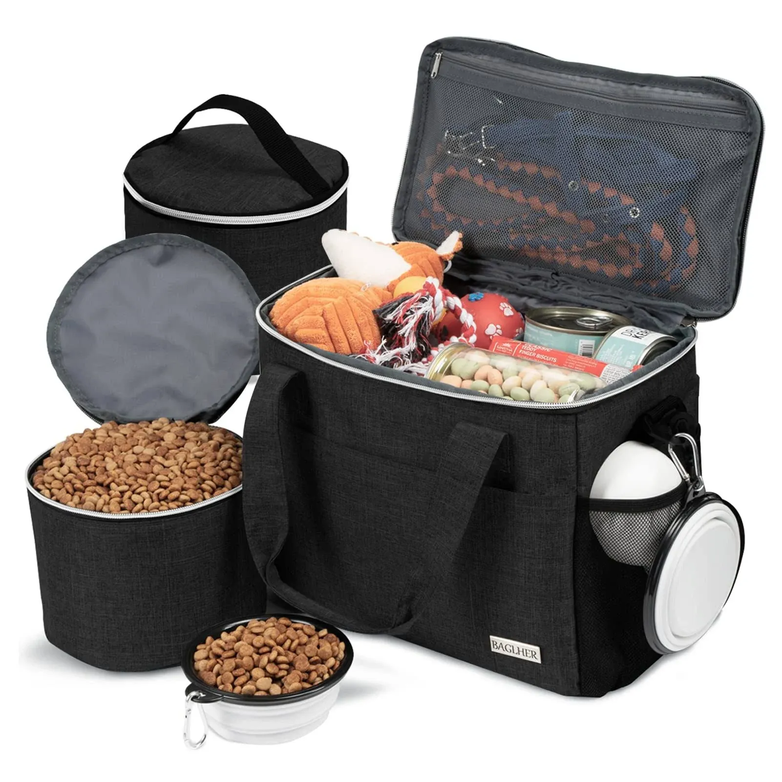 BAGLHER Dog Travel Bag Backpack Pet Supplies Backpack Pet Accessories Storage Bag 5-Piece Set with Shoulder Strap 2 Lined Pet Food Containers 4