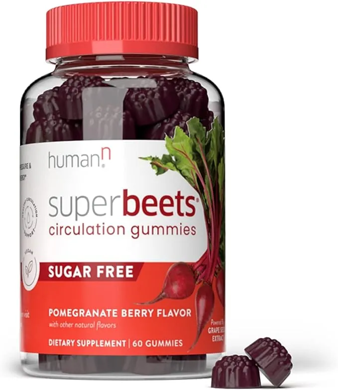 humanN SuperBeets 心脏软糖 - 有益心脏的能量,葡萄籽提取物和甜菜根粉 - 无糖 - 石榴浆果味,60 粒